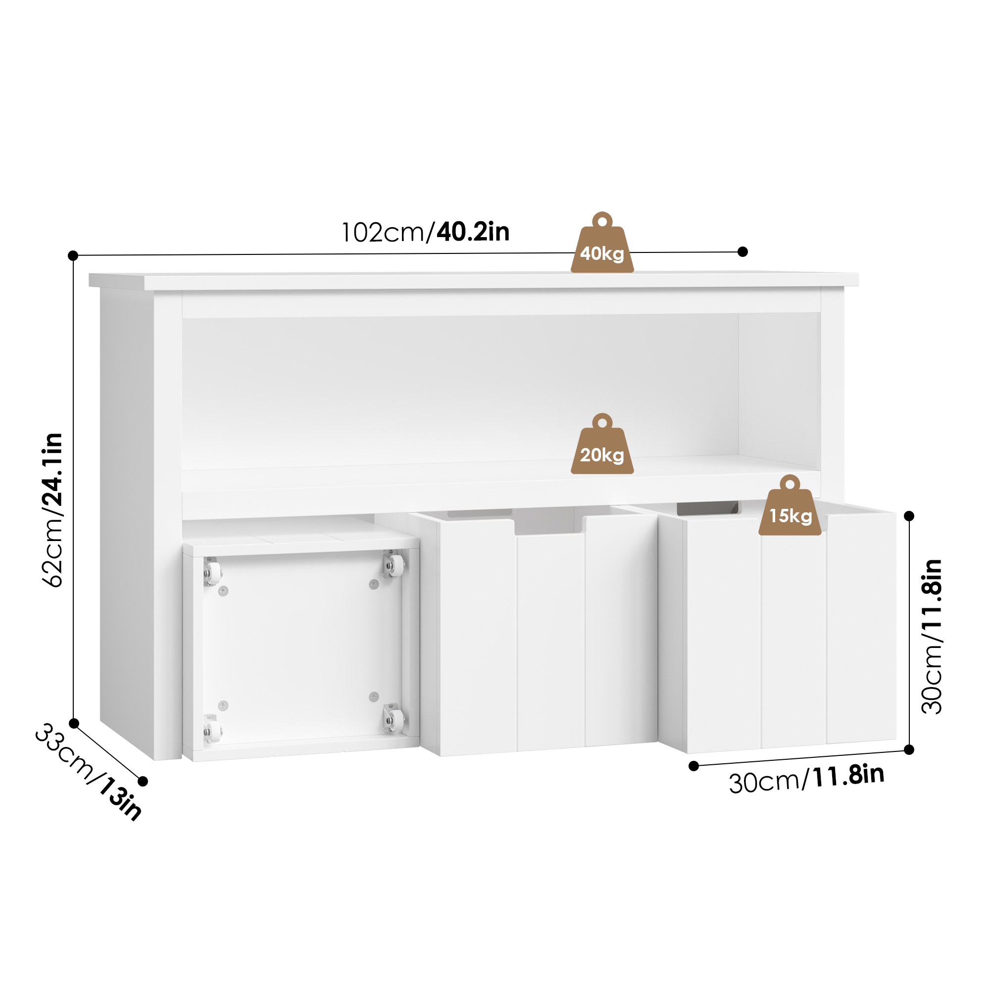 Getone Toy Storage Unit, libreria per bambini, 3 cassetti con ruote, armadietto per giocattoli, bianco 102x33x61,5cm