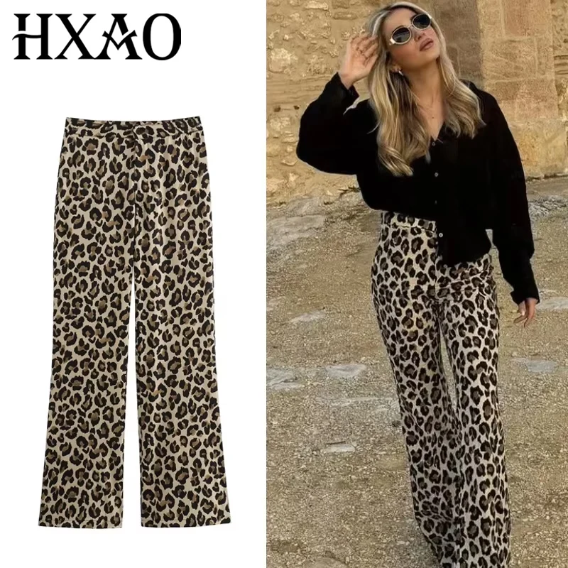 HXAO Vintage Leopard Pants Women High Waist Animal Print Baggy Pants Woman Streetwear Summer Wide Pants Retro Women's Trousers