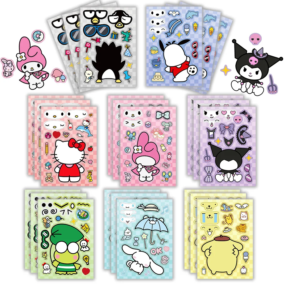 8/16 hojas de pegatinas de rompecabezas para hacer la cara para niños Sanrio Hello Kitty Kuromi Melody niños DIY juego de rompecabezas de ensamblaje juguetes para niños fiesta