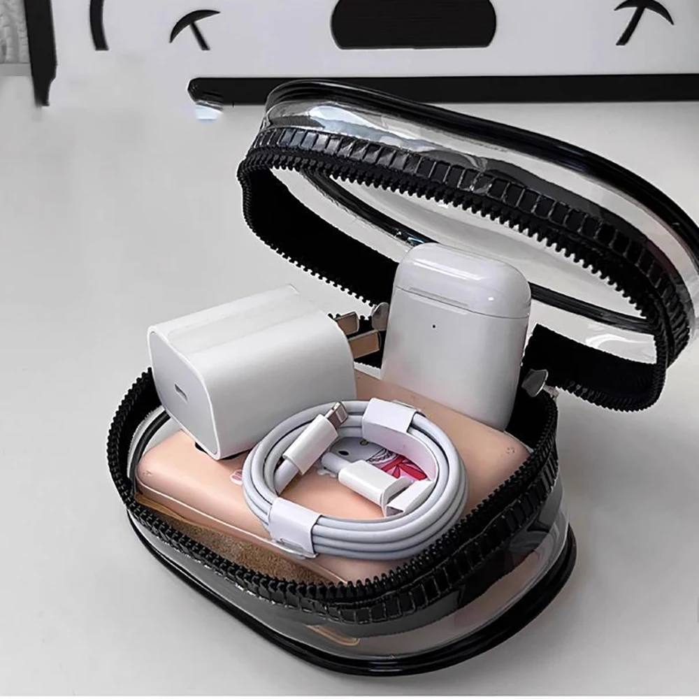 แบบพกพา Mini Clear Zipper กระเป๋า Space-Saving Organizer สําหรับหูฟังและเครื่องชาร์จอเนกประสงค์โปร่งใสกระเป๋าเก็บ