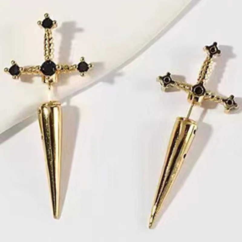 Orecchini a bottone con spada croce Hip Hop per donna Classico pallone Pietra di cristallo Argento Bue Oro Colore nero Personalità Gioielli semplici