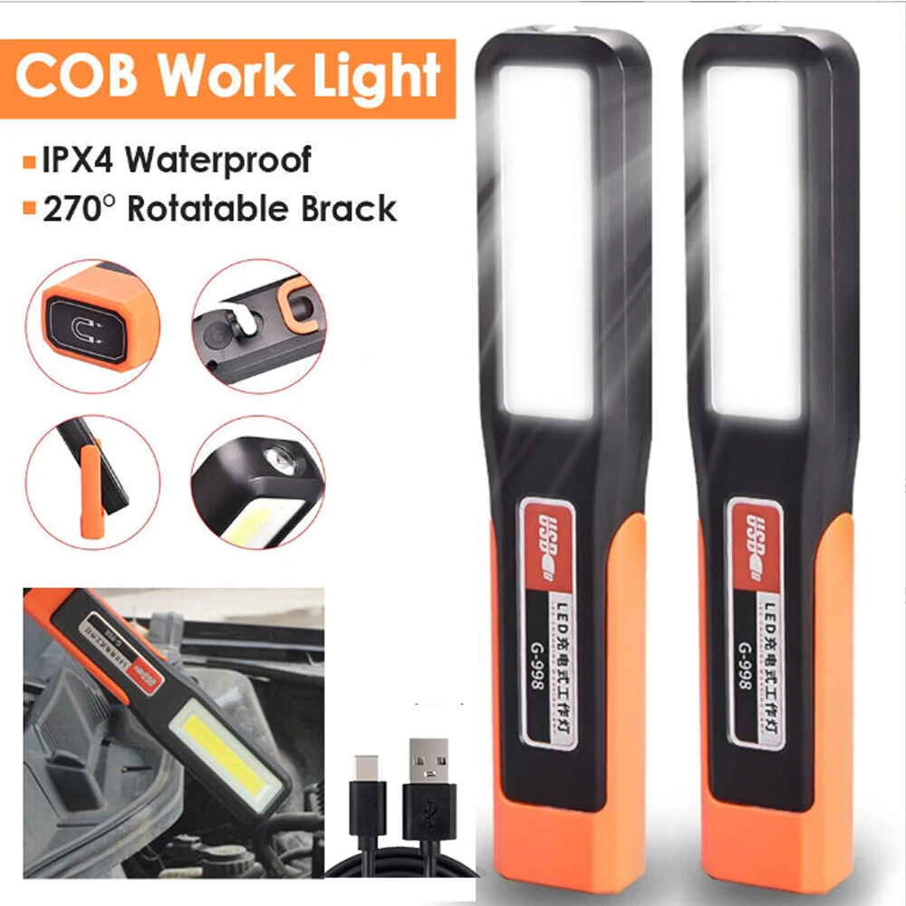 Potente luz LED de trabajo con iluminación magnética, linterna para coche, garaje, mecánico, carga USB, luz de emergencia COB, luz de advertencia
