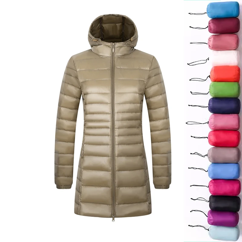 12-farbige Damen-Daunenjacke, lang, warm, leicht, modisch, mit Kapuze, mit tragbarer Aufbewahrungstasche, Puffermäntel, Damenmäntel