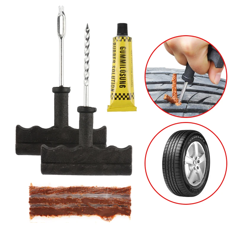Kit de herramientas de reparación de neumáticos de coche con tiras de goma, juego de tapones para pinchazo de neumáticos sin cámara, herramienta de reparación de neumáticos al vacío para motocicleta y camión