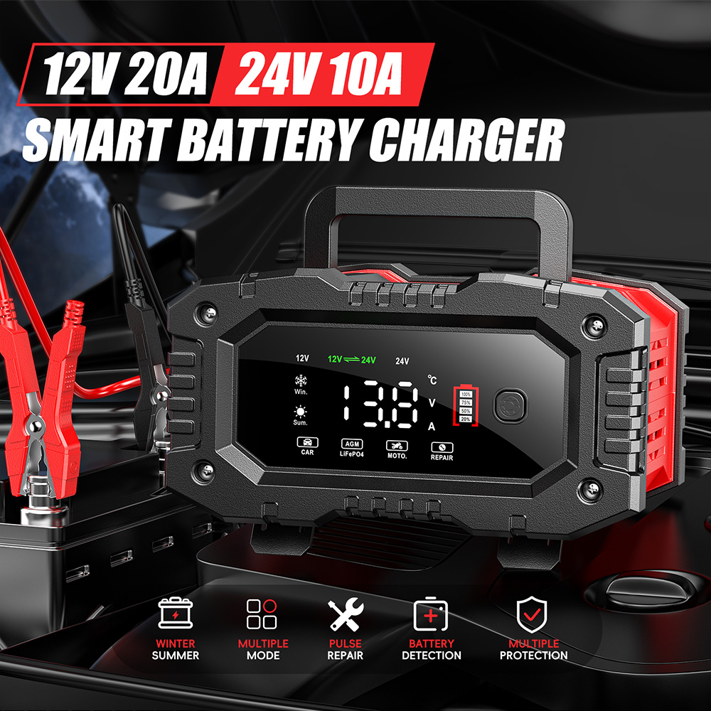 FOXSUR 20A/10A 車オートバイバッテリー充電器 12V/24V スマート充電器リチウム AGM ゲル鉛酸 LiFePO4 バッテリー充電器 1 セット