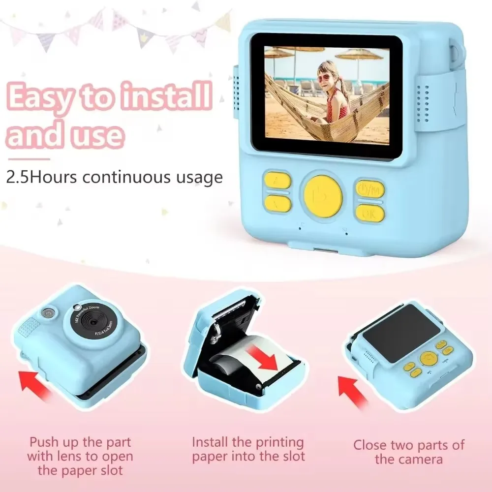 Portable Instant Print Camera for Kids - 1080P HD Video Camera with 3 Rolls Photo Paper and 32GB Card, Perfect Toy for Toddlers