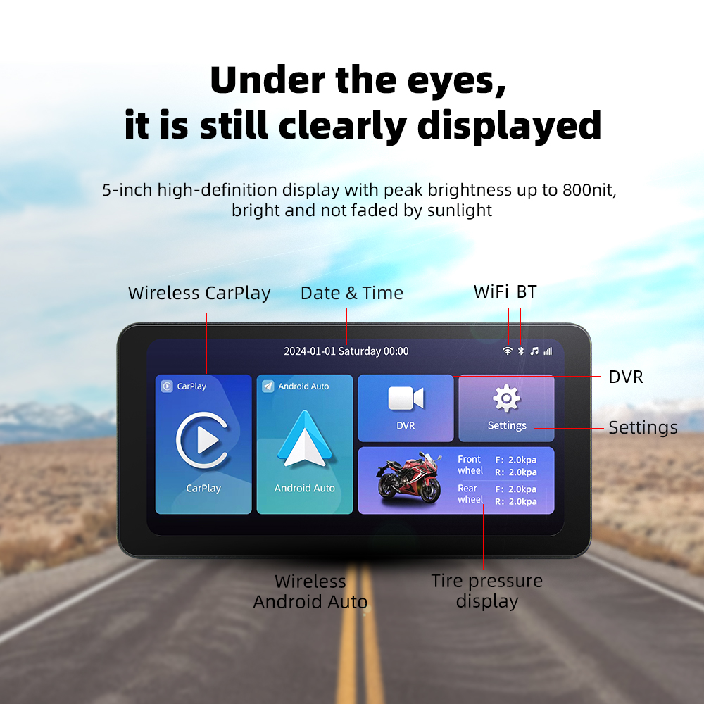EKIY-Motocicleta CarPlay com GPS, Android sem fio, Auto Airplay tela, monitor de motocicleta portátil, DVR opcional, TPMS, 6.3in