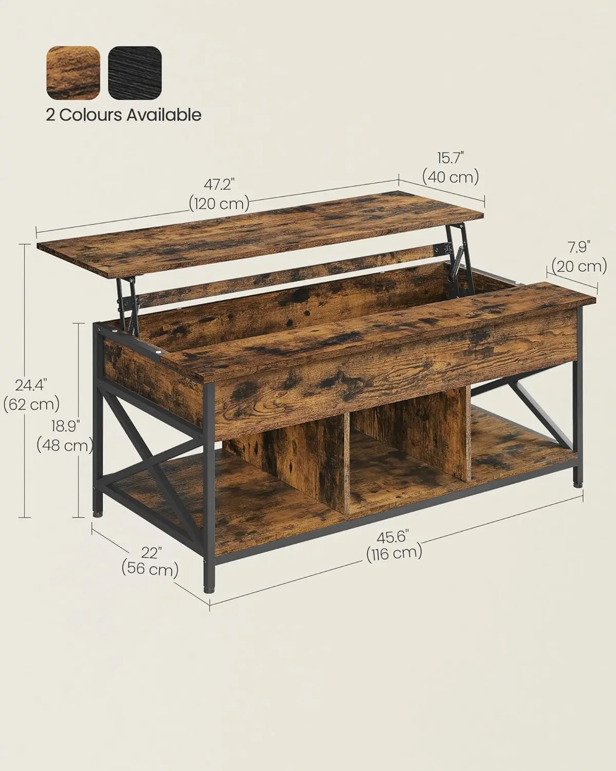 VASAGLE Coffee Table, Lift-Top Table Coffee Table for Living Room, Coffee Table with Open and Hidden Storage, X-Shaped Bars