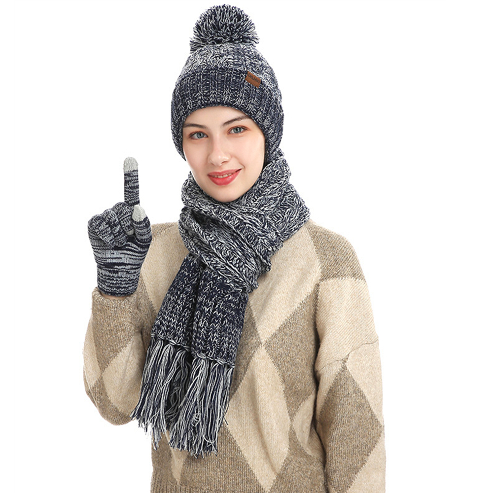 Conjunto de invierno para mantener el calor para mujer, gorro con forro polar, guantes para dedos telefónicos, bufanda gruesa, hilo de lana, silenciador tejido, pañuelo para el cuello