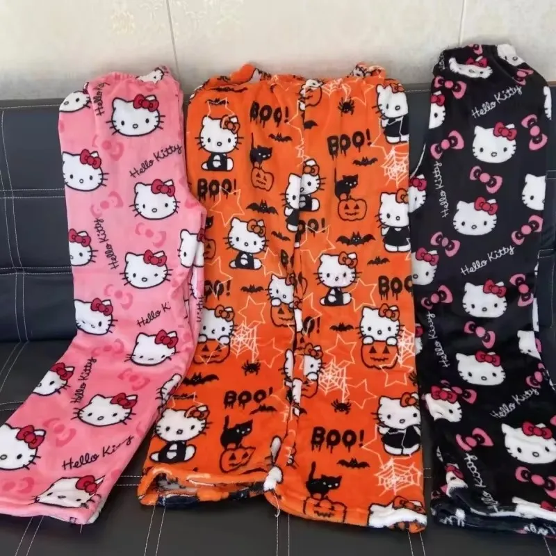 2025 Sanrio 헬로 키티 잠옷 할로윈 플란넬 패션 바지 여성 카와이 모직 애니메이션 만화 캐주얼 홈 바지 가을