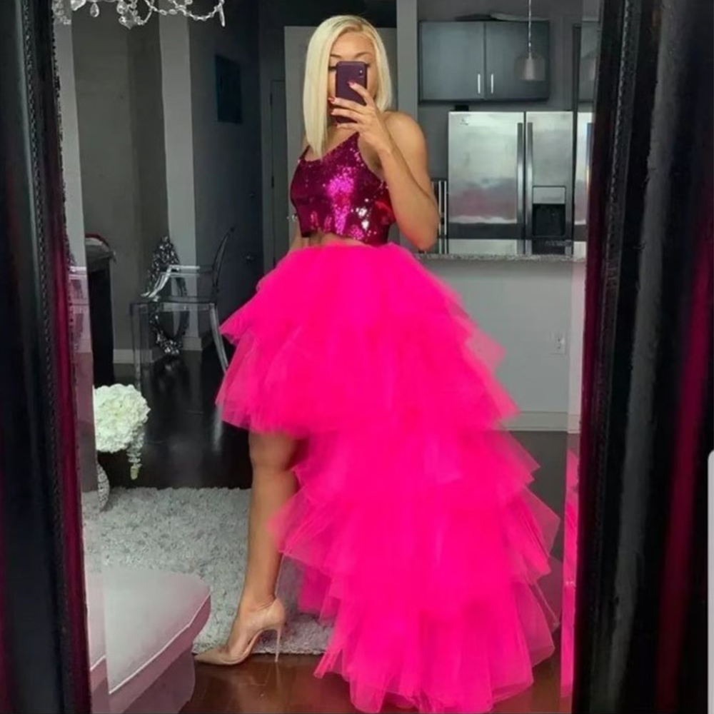 여성용 하이 로우 맥시 투투 스커트 신축성있는 허리 Jupon Tulle Layered Fluffy Princess 특별 행사 웨딩 파티 스커트