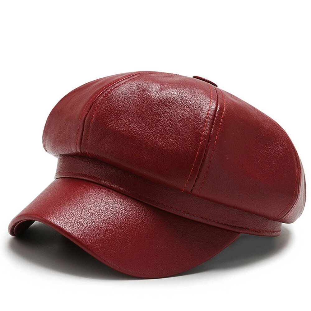 1pc Retro Mode frauen Pu Leder Achteckigen Hut Vielseitig Herbst Und Winter Temperament Großen Kopfumfang Baskenmütze