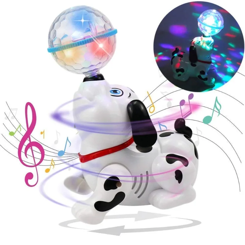 Brinquedos rotatórios dálmatas colisão e ir dança cão com bola música & luzes piscando coloridas para bebês pequenos crianças