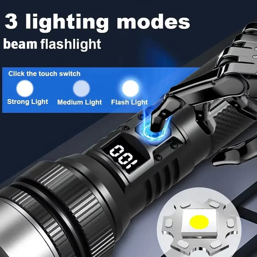 Linternas LED recargables de nueva actualización de 1000 000 000 000lm, 3 modos de iluminación, batería de 21700 de linterna con zoom telescópico