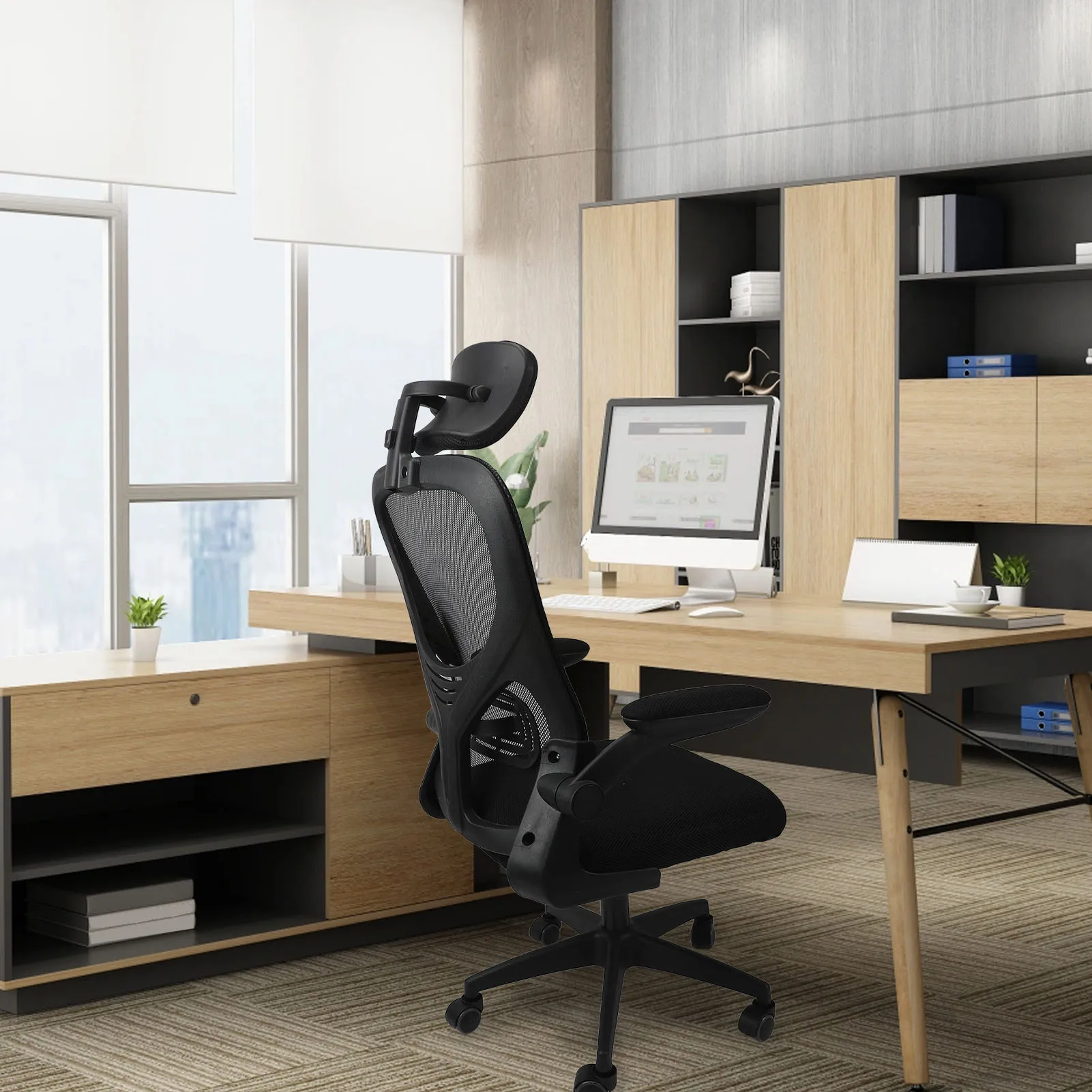 Office Chair Mesh High Back Desk Chair with Lumbar Support 3D Headrest 90 Degree Rotating Armrests Wheels Comfortable Gaming Cha