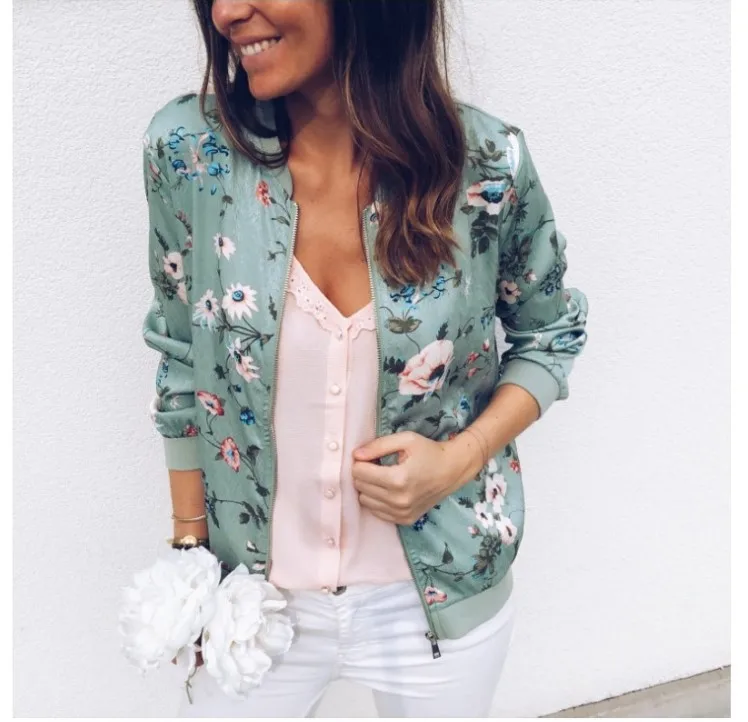 Feminino elegante zíper jaqueta bomber primavera outono floral impresso jaquetas escritório wear fino casaco de escritório retro outwear