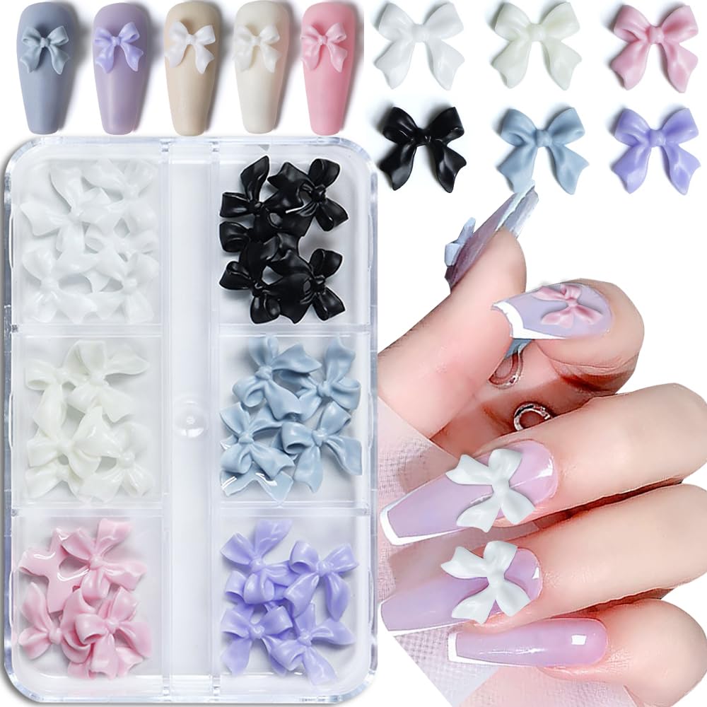 1Box Pink/White/Black Resin Flatback Bow Nail Art Charms 6 Grids (30Pcs)Cute Bowknot Nail Decorations for Acrylic Nails Manicure