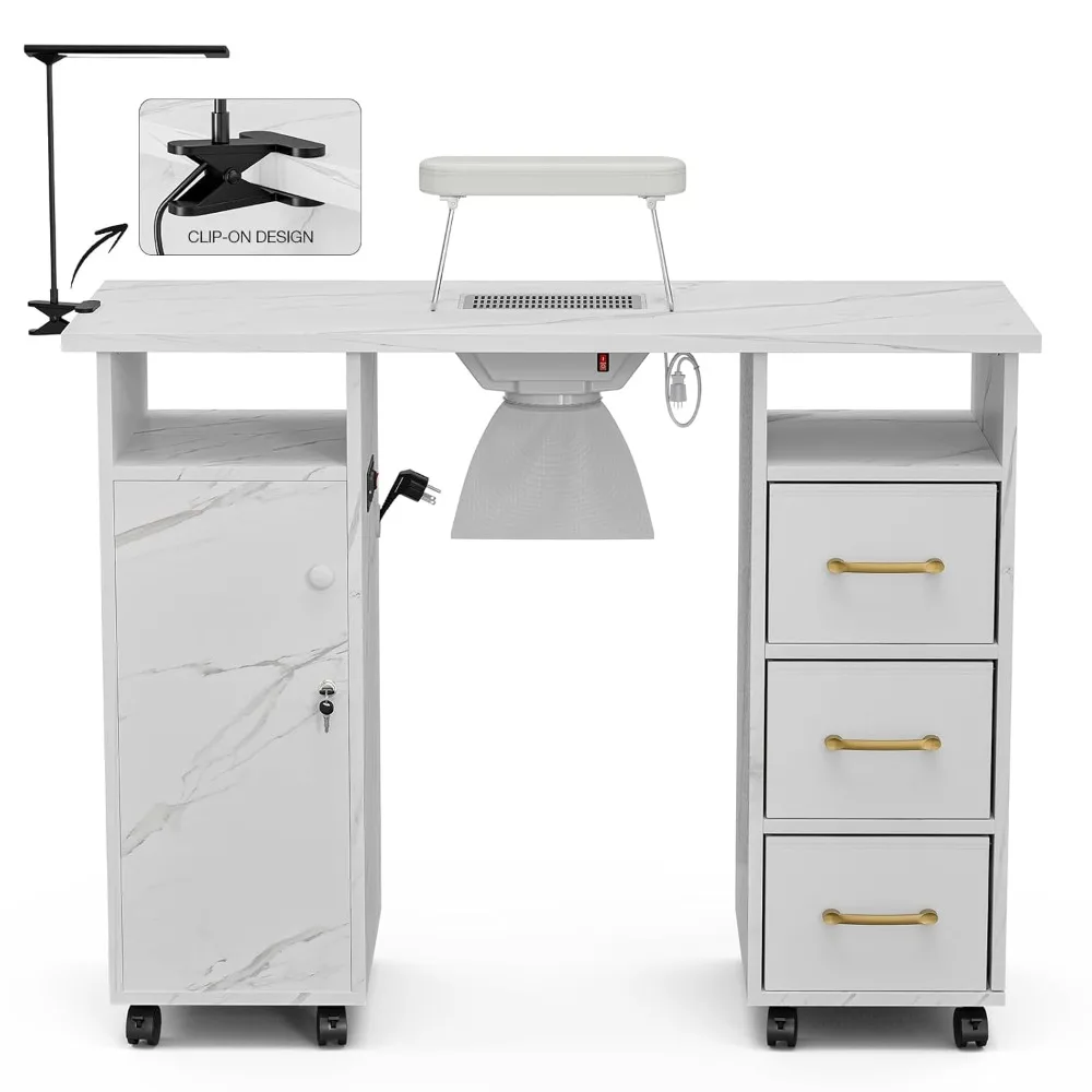 Marbling Texture Nail Tech Table Nail Table Station w/Dust Collector, Power Outlets, Non-Woven Drawers & Wrist Cushion(White)