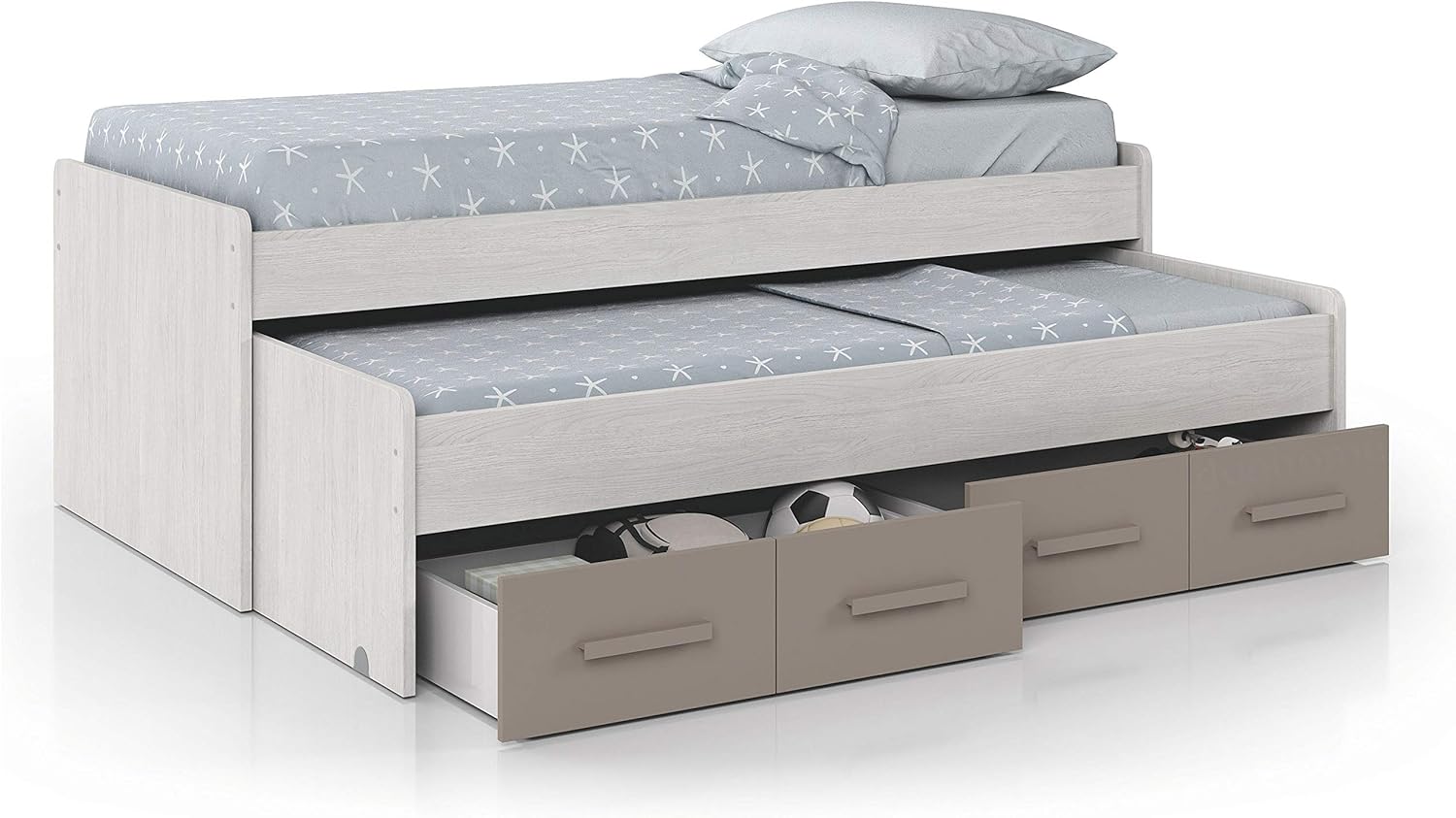 Cama Nido Juvenil, 2 Camas y 2 cajones, Modelo Ares, Acabado en Color Blanco Alpes y Basalto, Medidas: 198 cm (Ancho) x 69 cm