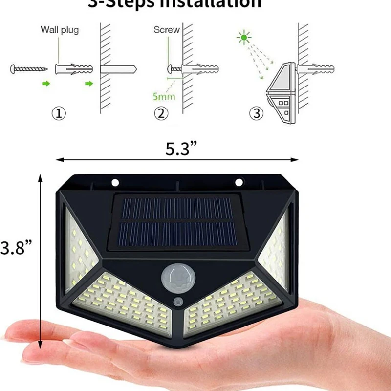 Luces solares para jardín al aire libre, luces de pared con Sensor corporal, cuatro lados, 100 LED recargables, iluminación para el hogar, farolas