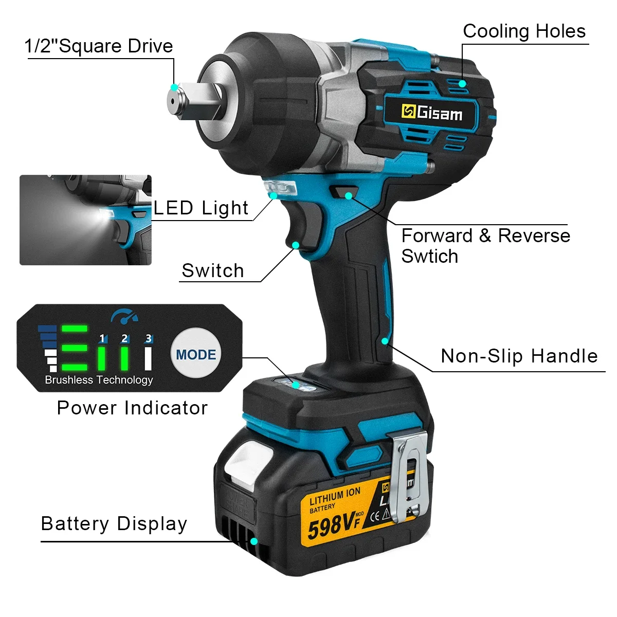 Gisam 2800N.M Brushless Electric Impact Wrench 1/2 Inch Cordless Torque Wrench Screwdriver Power Tool For Makita 18V Battery Pin