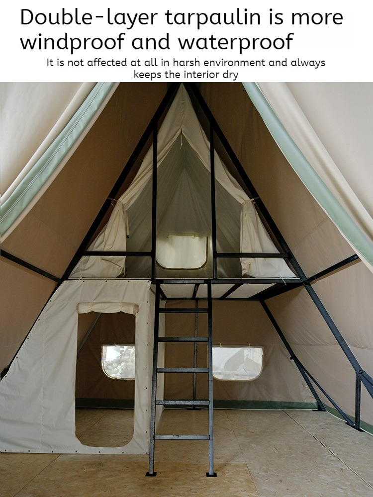 Barraca triangular oxford de dupla camada, tubo quadrado galvanizado, dois andares, cabine de villa, anti-luz, luxo, chuva, acampamento, glamping