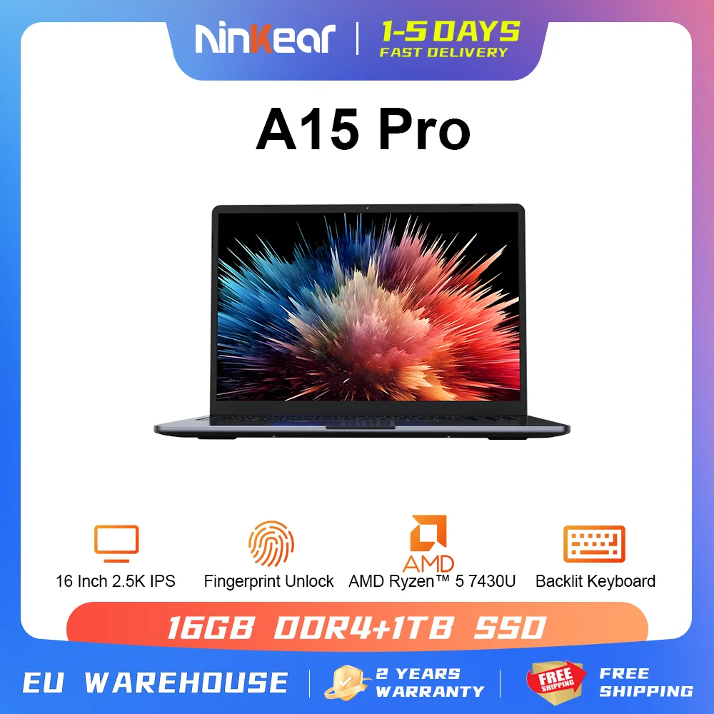 Laptop Ninkear A15 Pro 16\" IPS 2.5K FHD AMD Ryzen5 7430U Notebook 16G DDR4 3200Mhz+1TB PCI-E 54Wh Bateria Windows11 PRO Komputer