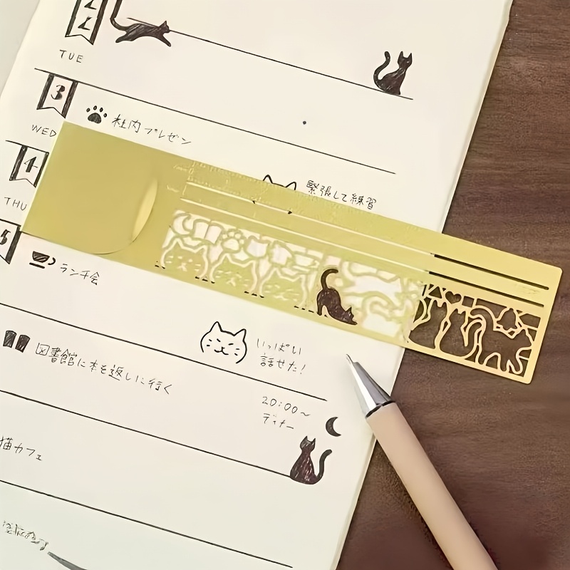 Marcapáginas de doble cara con patrón de gato bonito, regla, 1 ud. | Papelería precisa para diario, libro de planificación, herramienta de papelería creativa para tomar notas