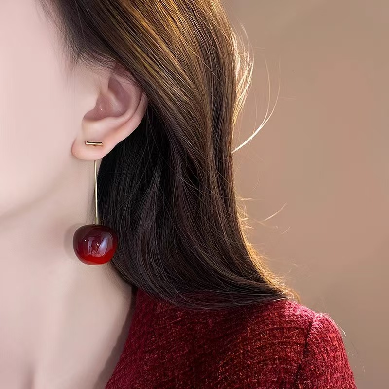 Ladies' Exquisite Cherry Drop Earrings, Sweet Red and Shiny Gold, Daily Wear Jewelry
