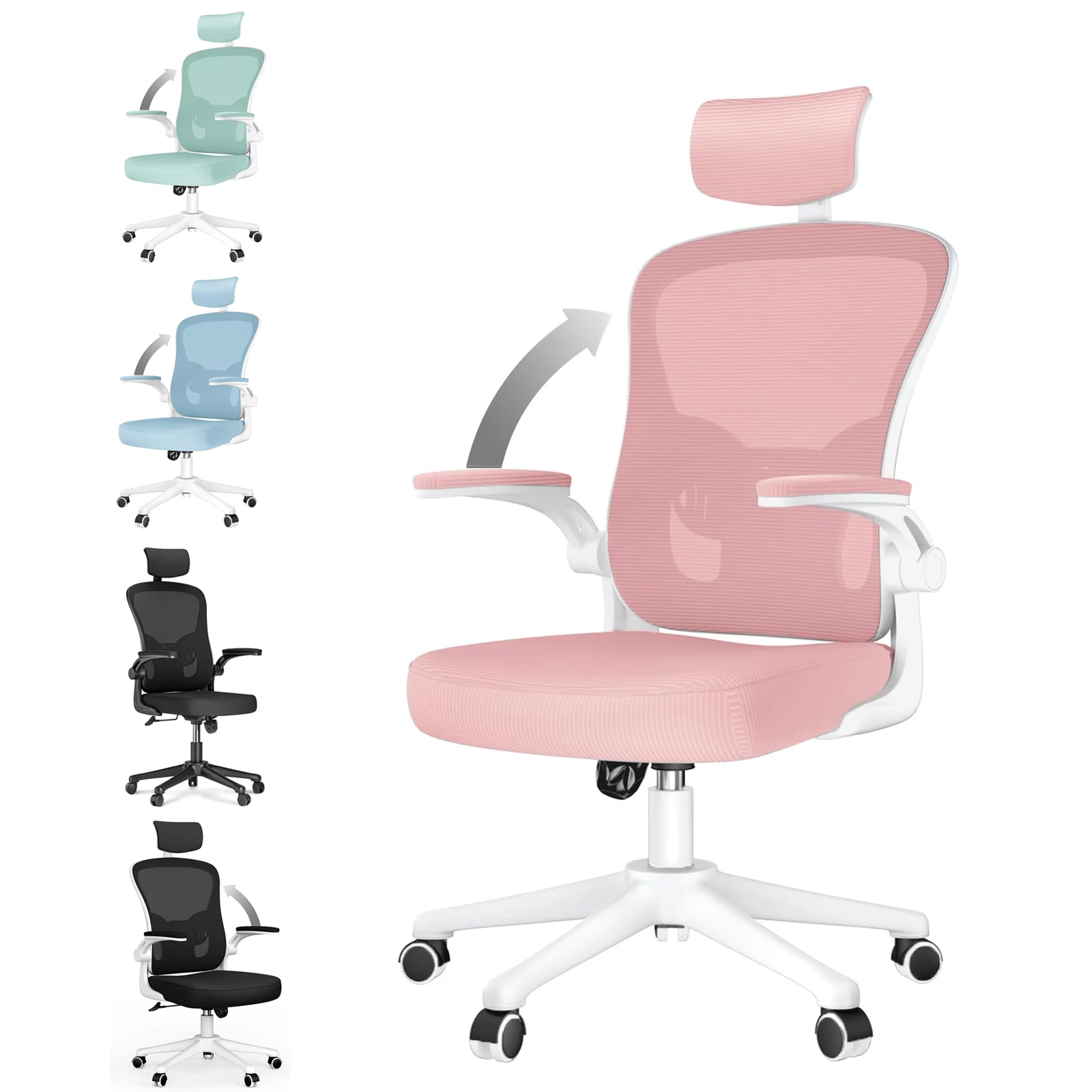 Sedia da ufficio ergonomica rosa, sedia da gioco sollevabile con schienale alto con supporto lombare, sedia da gioco girevole, profondità del sedile regolabile