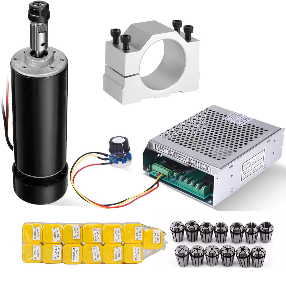 0.5kw 空冷スピンドル 500 ワットスピンドルモーター ER11 チャック CNC スピンドルモーター + 52 ミリメートルクランプ + 電源速度ガバナー彫刻用