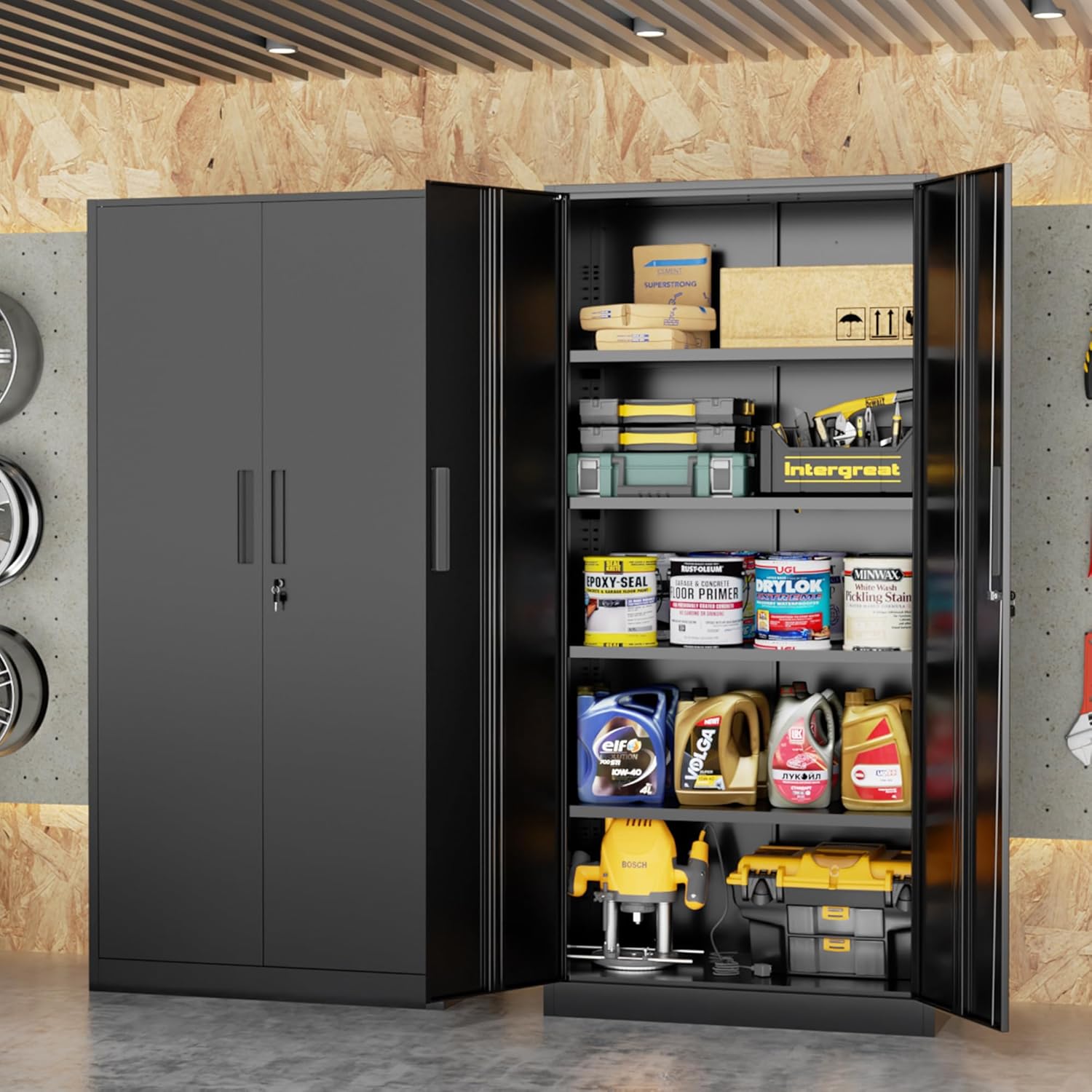 71" H Garage Storage Cabinet with Wheels,Metal Cabinets with 4 Adjustable Shelves and 2 Locking Doors for Garage,Home,Office