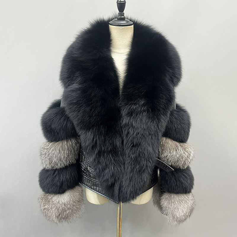 Jaqueta de couro recortada de pele real feminina, gola grande de pele, manga comprida, elegante, atacado, nova