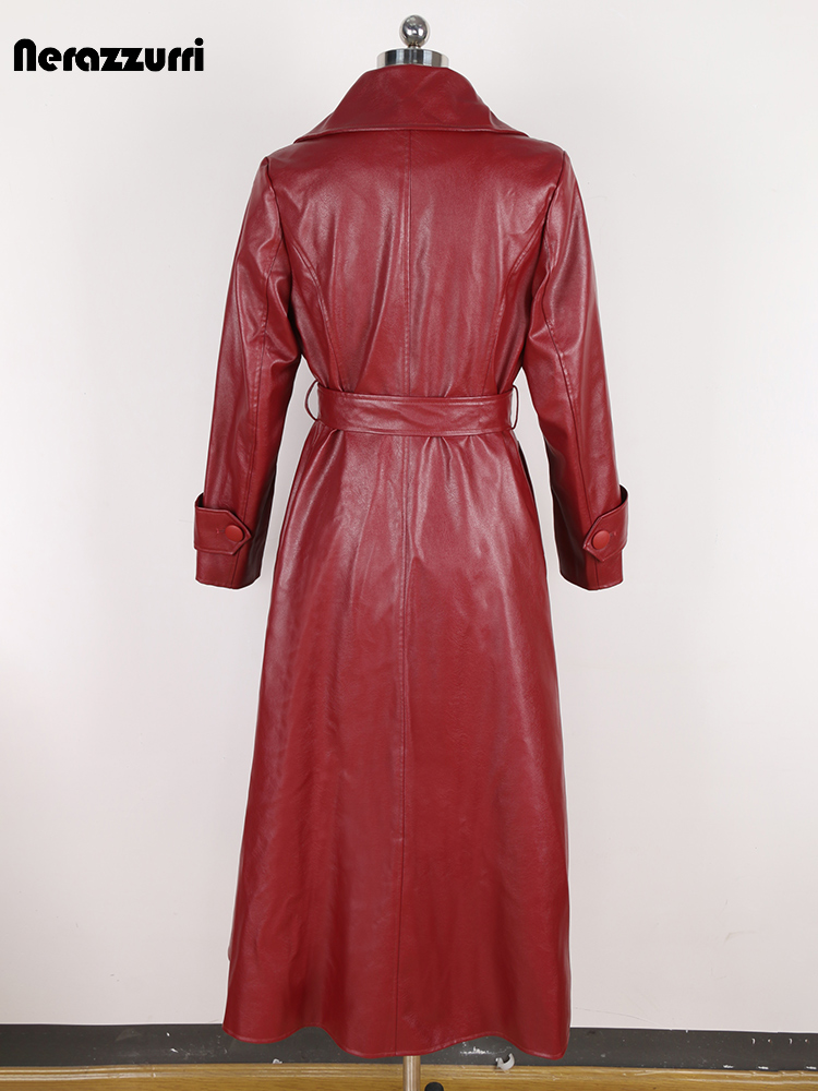 Nerazzurri 春秋フィットロング Pu レザートレンチコート女性のためのサッシシングルブレストエレガントシックな高級服 2024