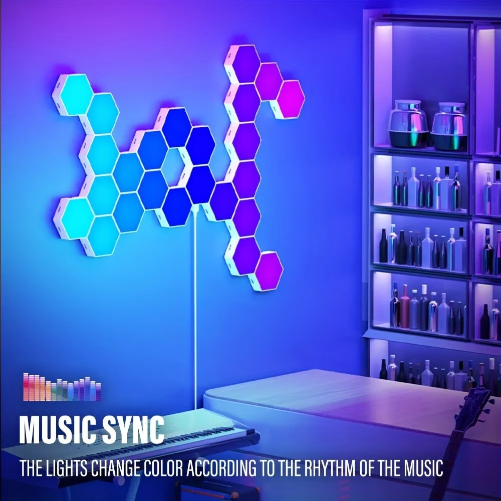 Lámpara de pared Hexagonal inteligente RGB, luz nocturna ambiental que cambia de Color, forma DYI, ritmo musical, Control por aplicación para sala de juegos y dormitorio