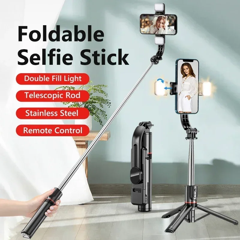 Faltbarer Selfie Stick Doule LED Fülllicht mit kabelloser Bluetooth-Fernbedienung Desktop-Stativständer für iOS Android Smartphone-Halter