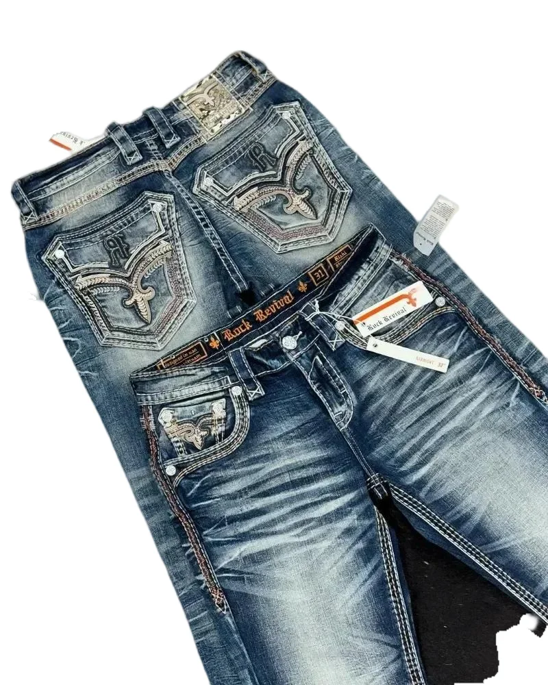 Nowy amerykański styl Street Wear Hip Hop Rock Revival Haftowane dżinsy Luźne Casual Y2k Szerokie nogawki Jeansy Fall Guys Men Jeans