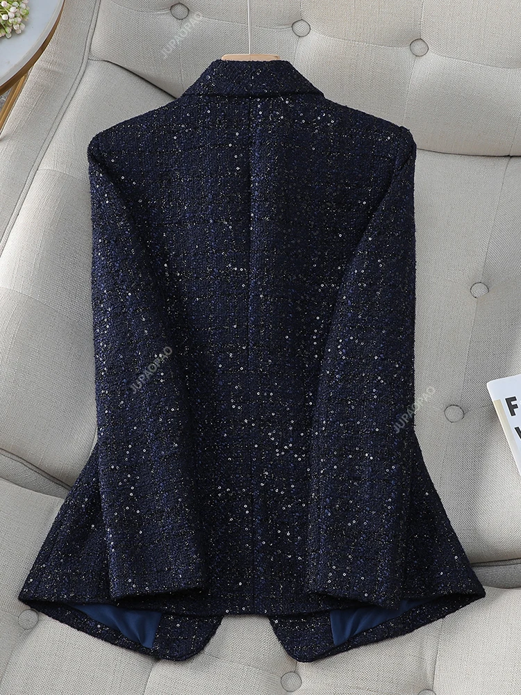 Langärmliger karierter Damen-Blazer, Damen-Freizeitjacke, einreihig, Knopfverzierung, Rot, Marineblau, Herbst, Winter