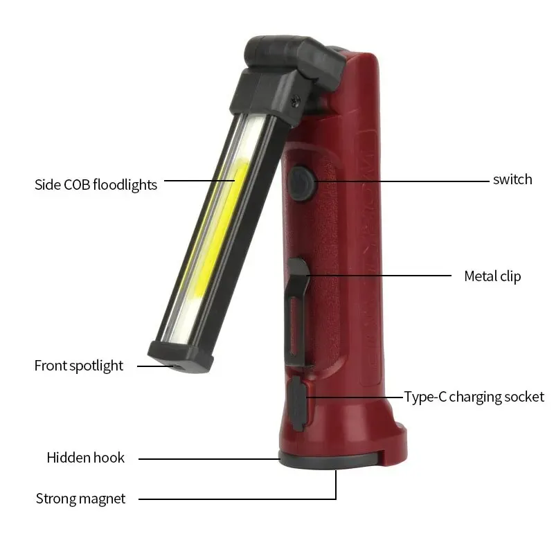 USB 충전식 휴대용 COB 작업등, 180 ° 접이식 손전등, 캠핑 비상 수리 스포트라이트, 행잉 후크 마그네틱