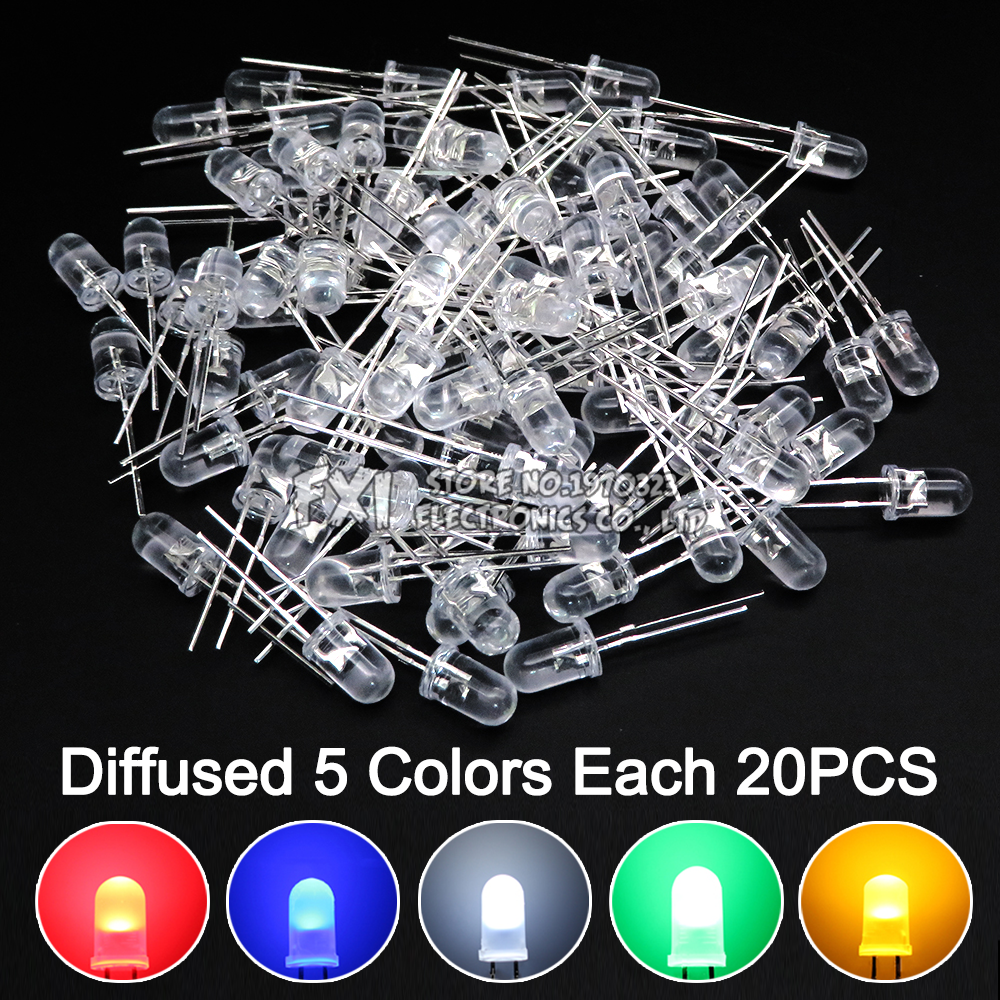 100 個 F5 LED ダイオード 5 ミリメートル詰め合わせキット白緑赤青黄オレンジピンク紫ウォームホワイト DIY キット発光ダイオード bxv