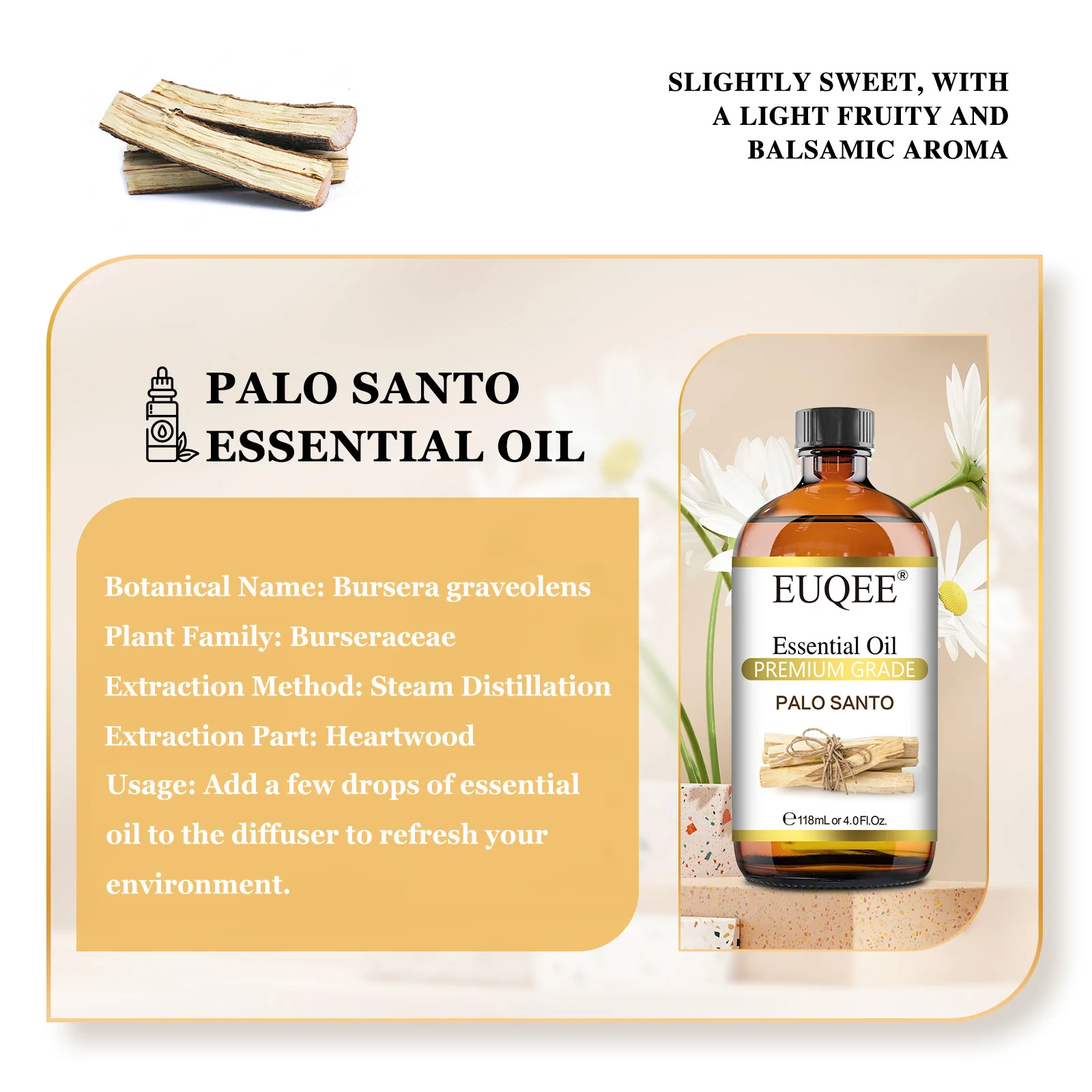 EUQEE 118ml Essential Oil Palo Santo Aromatherapy Essential Oils for Diffuser Soap Candle Making Air Freshener– with Dropper