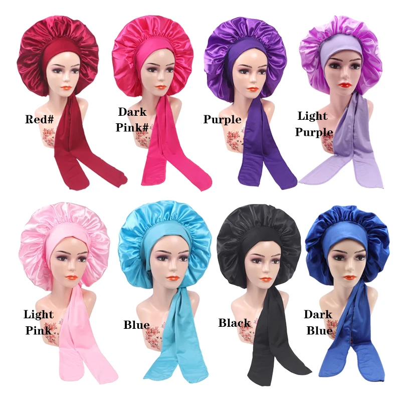 Bonnet de cetim com linha de gravata para mulheres, boné de sono noturno, turbante de chuveiro, unisex, cuidados com os cabelos, preto, rosa, novo