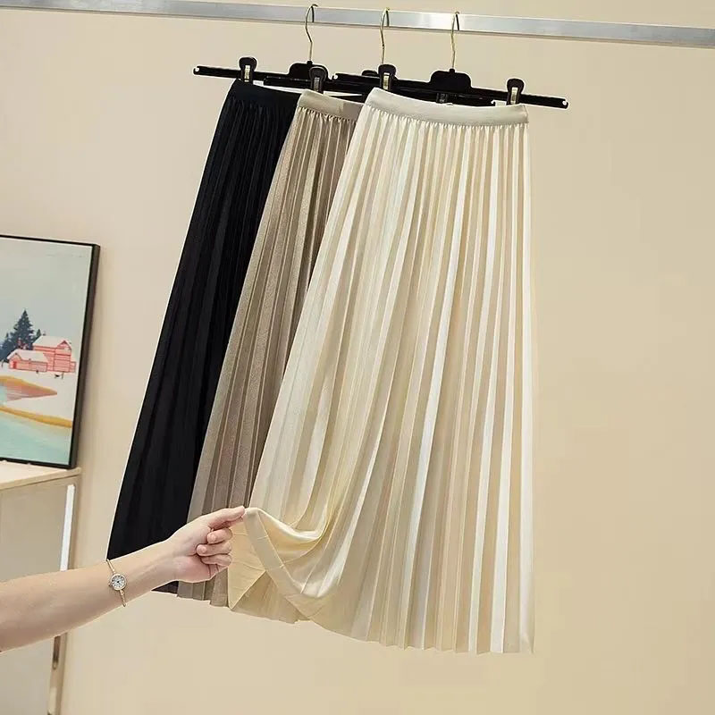 Lucyever Falda plisada para mujer, faldas largas elegantes de satén de cintura alta acampanadas, faldas lisas que combinan con todo para oficina para mujer, novedad de 2024