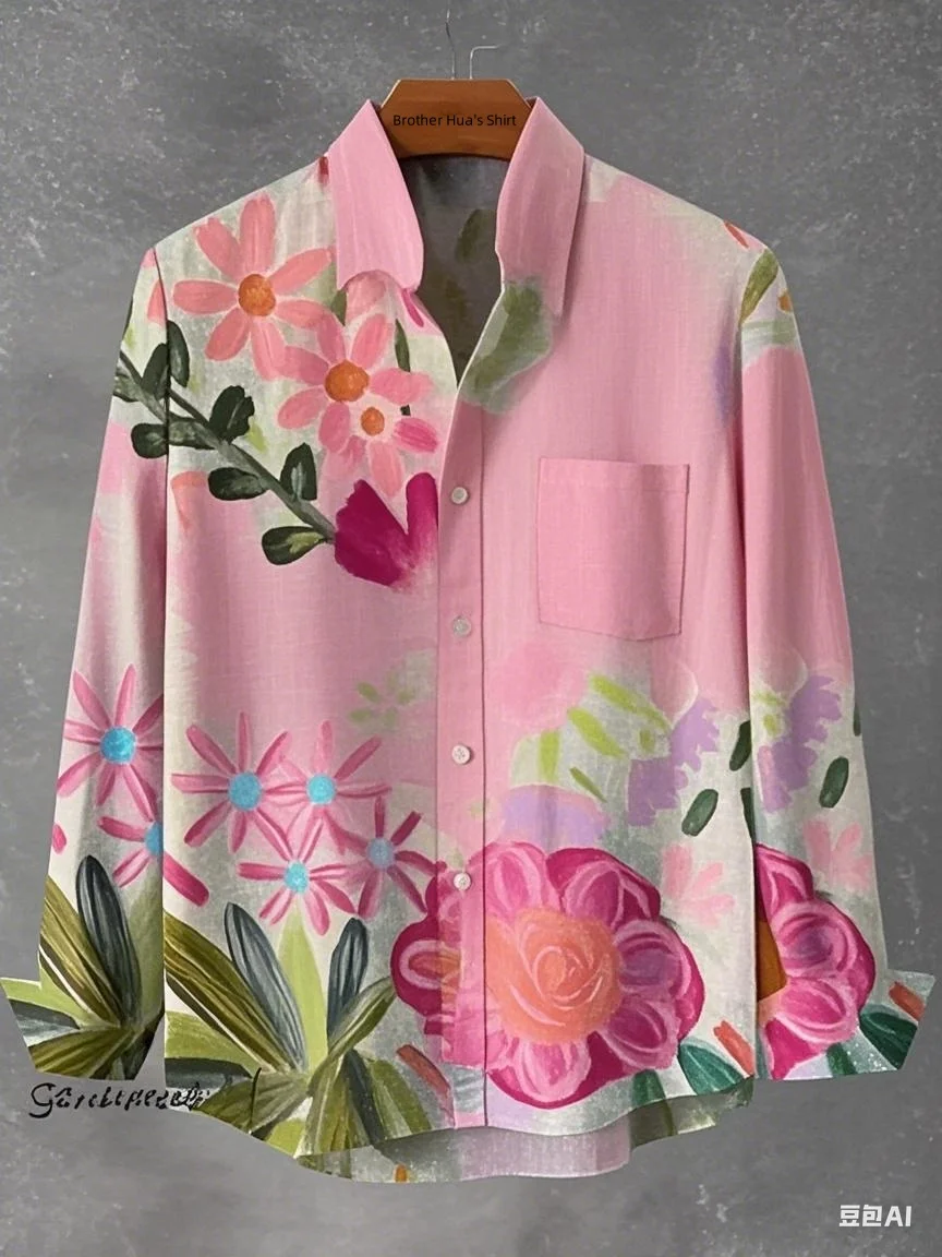 New spring, summer and autumn men's stand-up collar linen long-sleeved shirt, flowing floral print top, fast delivery from Hawai