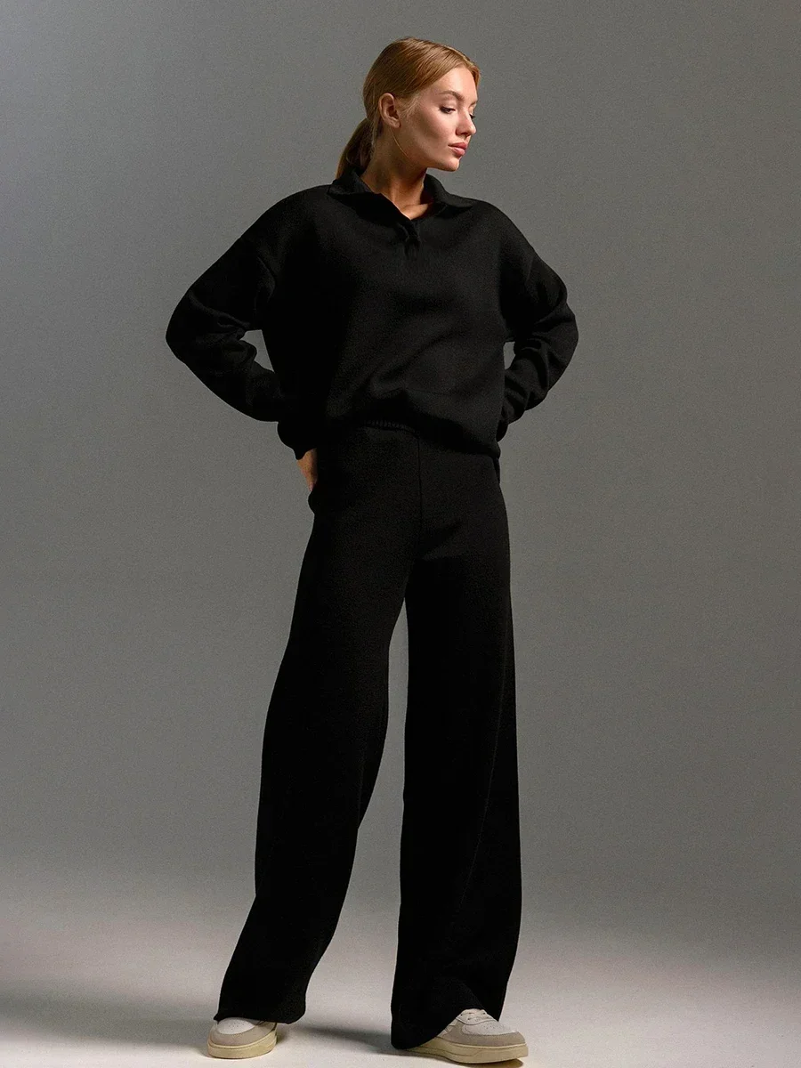 Bornladies inverno grosso feminino ternos de malha macio 2 peças define feminino polo pescoço camisola & calças largas perna roupa de malha