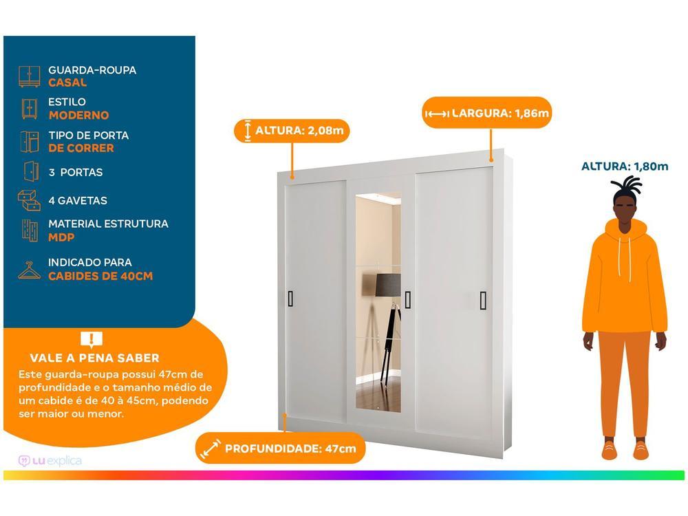 Guarda-roupa Casal com Espelho 3 Portas de Correr Araplac Melissa Glass