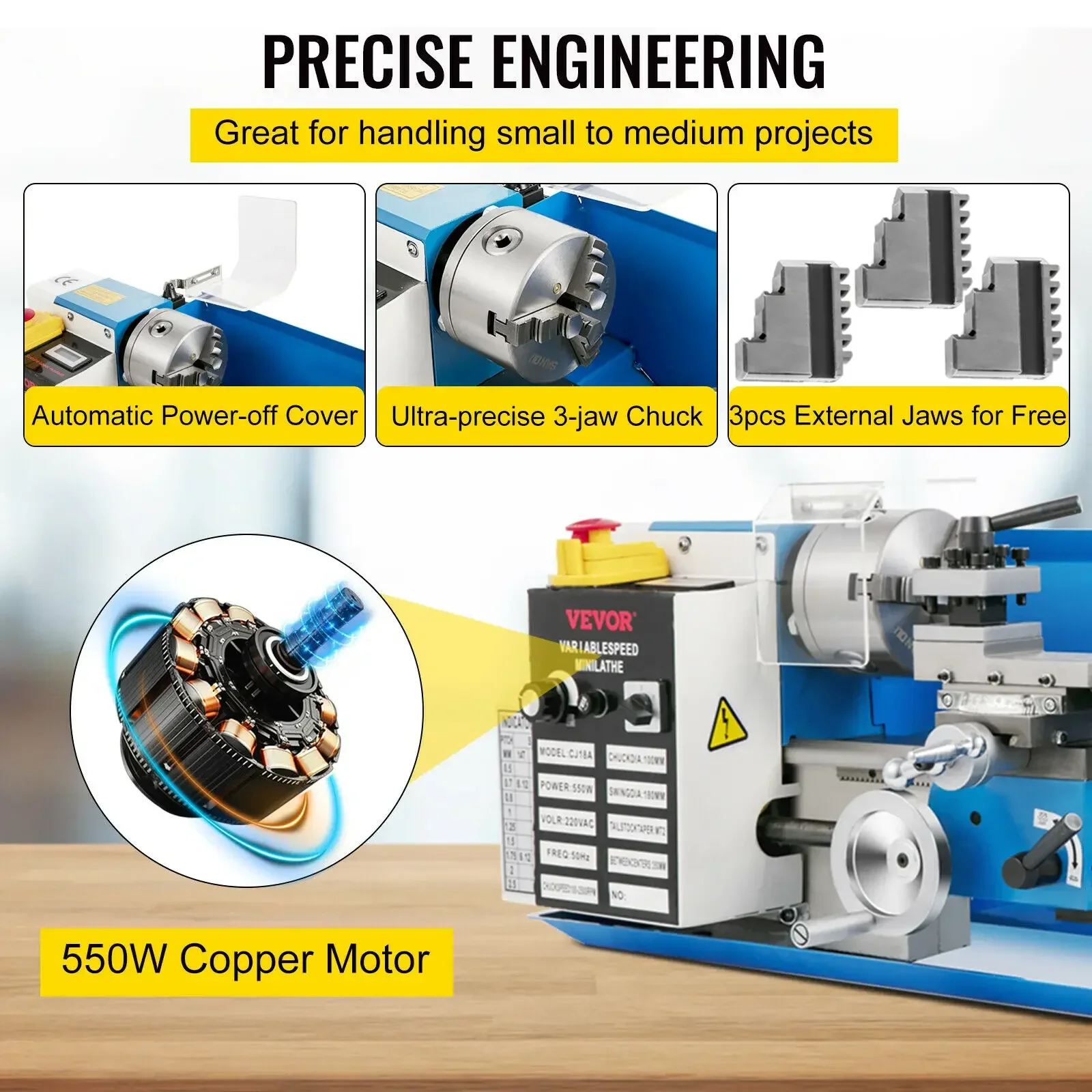 SucceBuy Mini Metal Lathe Machine 7"x14" 550W 180x350mm Variable Speed + 3 Jaw Chuck for Metalworking Turning Drilling Threading