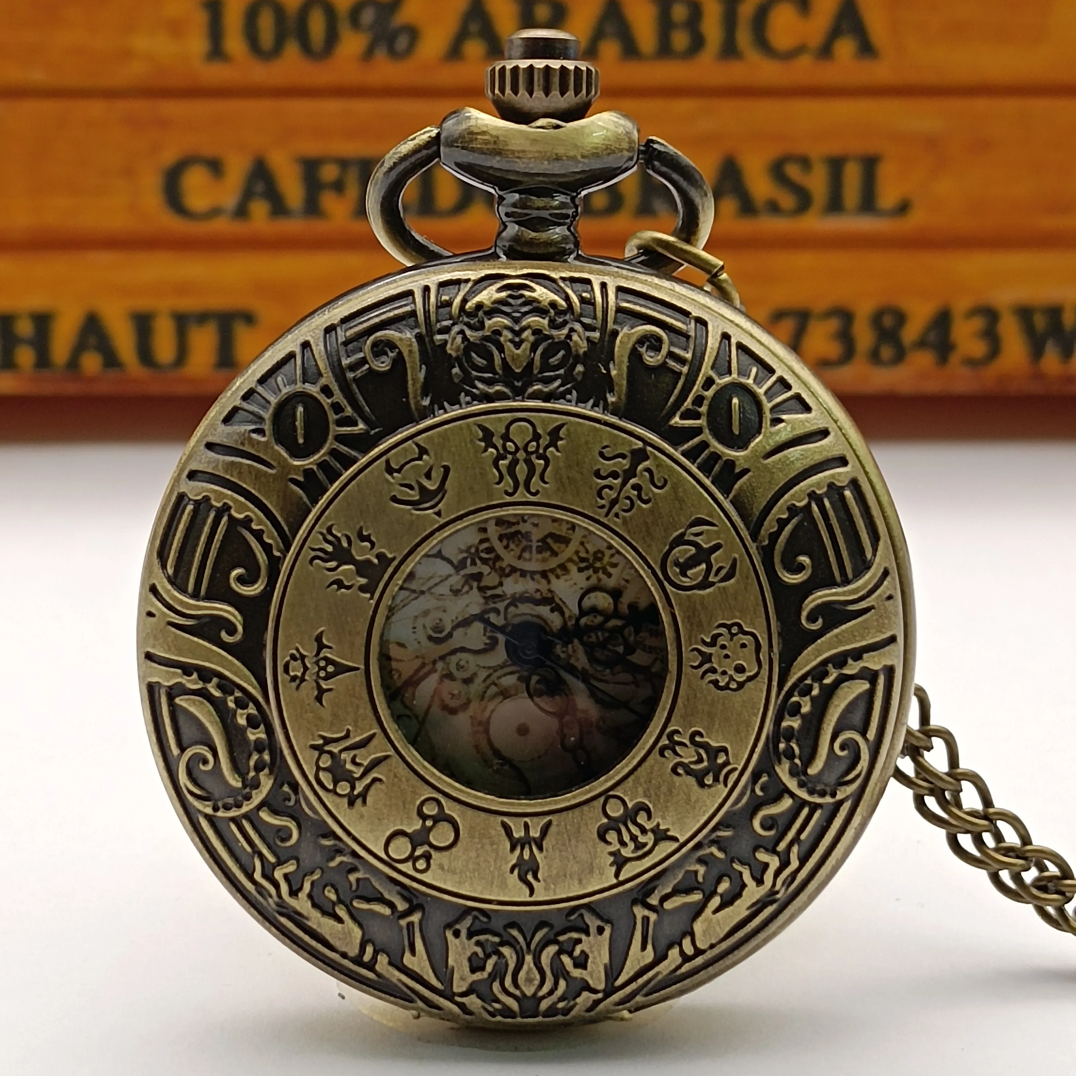 Vintage Bronze Sternzeichen Thema Stein goldene römische wörtliche englische Taschenuhr Anhänger Schmuck Halskette Geschenks ammlung