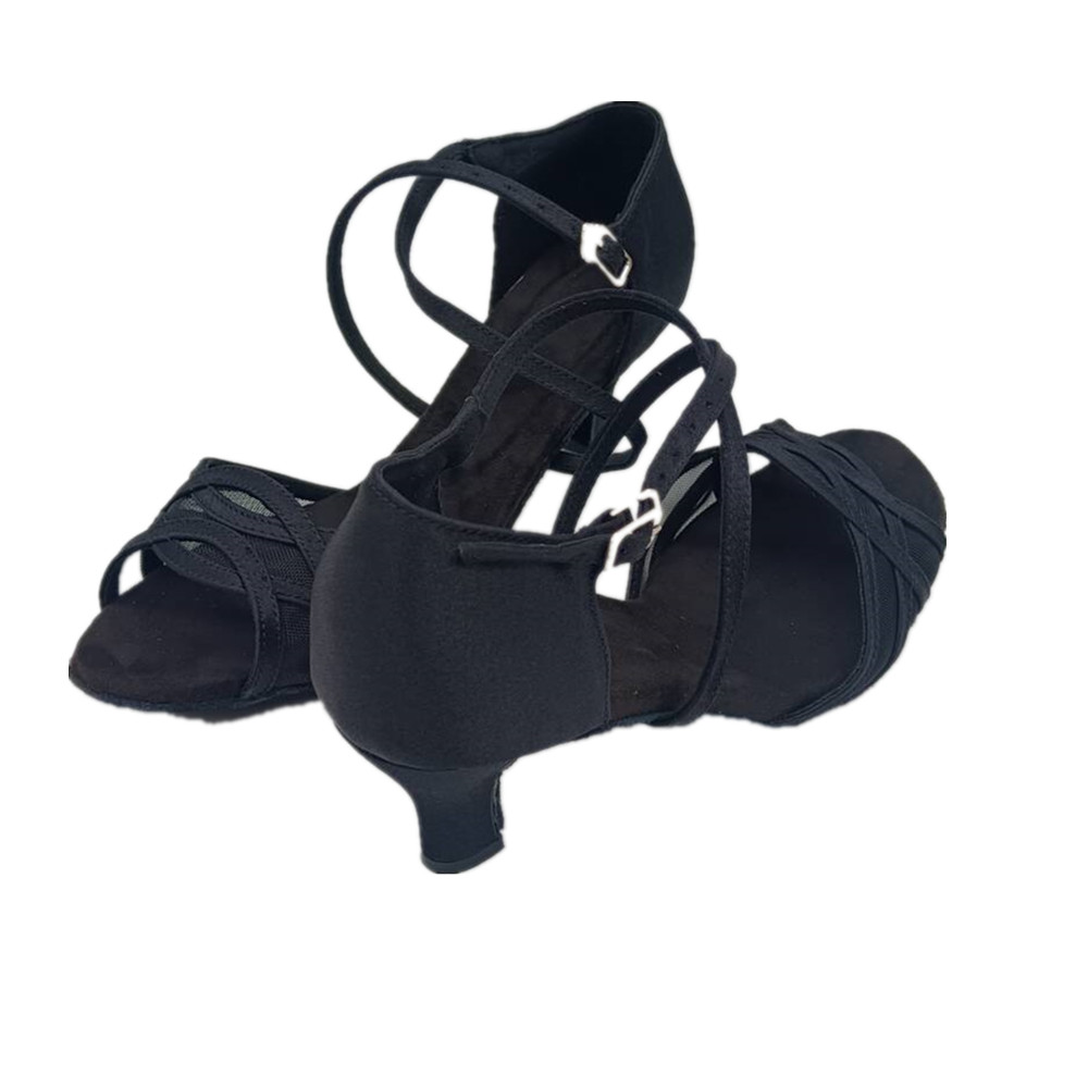 Evkoodance 8,3 cm Absatzhöhe Bequemer schwarzer Satin mit Mesh Zapatos De Baile Latein-Schuhe für Damen Evkoo-526