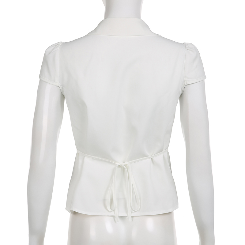CIBBAR-Top corto con pliegues Vintage para mujer, blusa blanca de manga corta con botones, camiseta de vendaje de moda coreana, ropa de calle informal, camiseta y2k